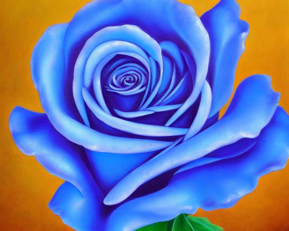 Large Blue Rose Painting on Warm Yellow-Orange Background