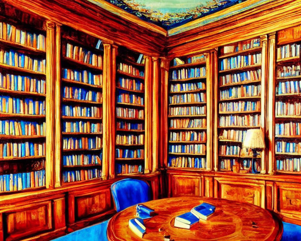 Colorful painting of a cozy library room with books, round table, lamp, and painted ceiling