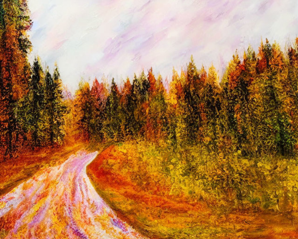 Autumn forest painting with vibrant colors and pastel sky