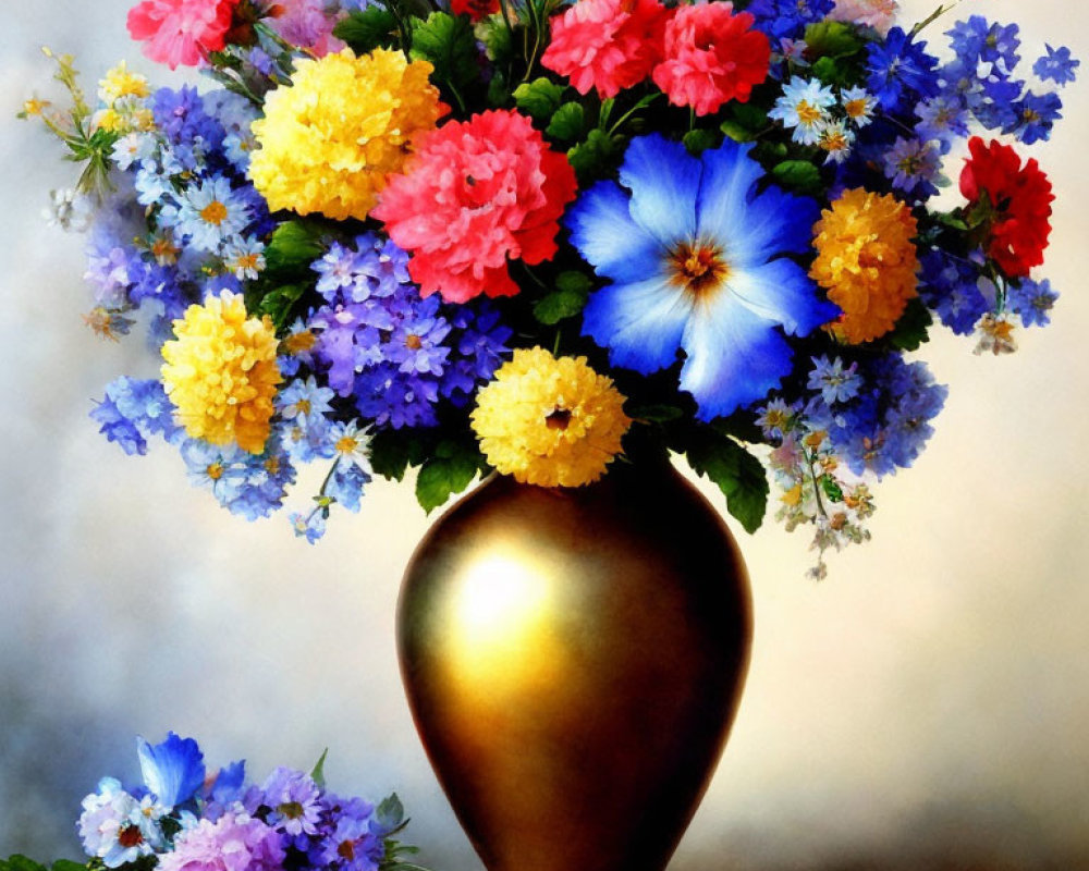 Colorful Flower Bouquet in Golden Vase on Softly Lit Background