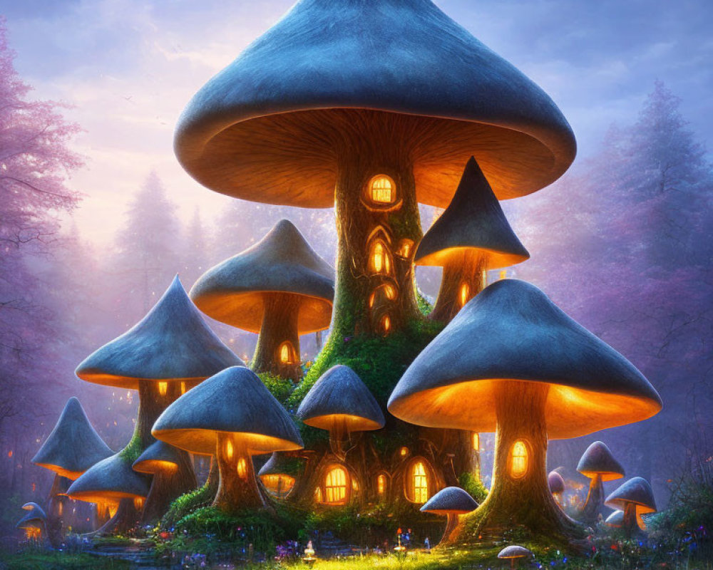 Enchanting Twilight Forest Scene with Oversized Mushroom House