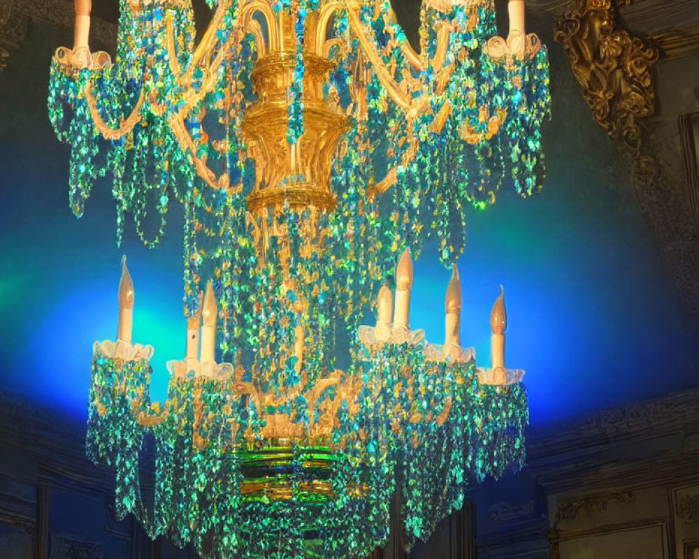 Golden chandelier with blue crystals in elegant room