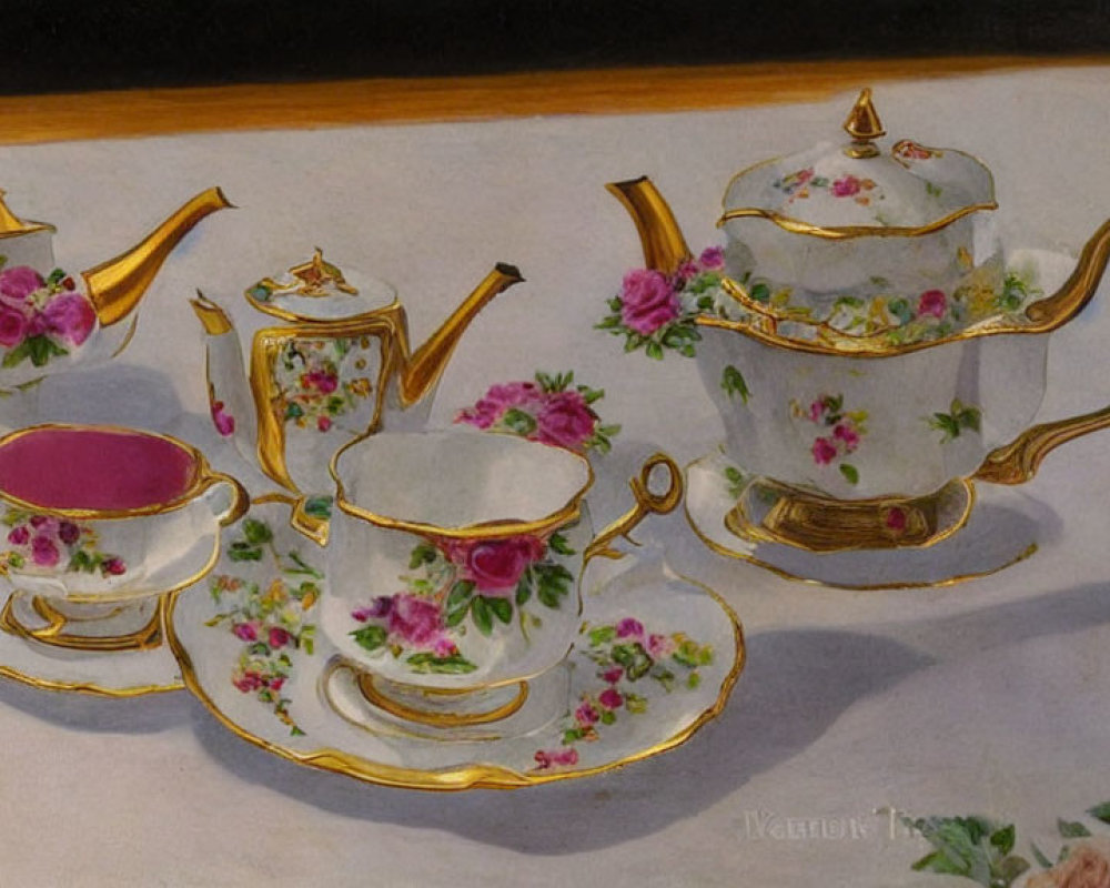 Porcelain Tea Set with Gold Trim and Floral Pattern on Display