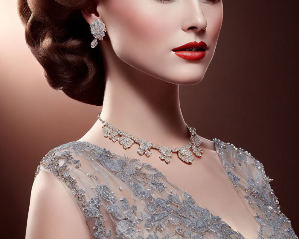 Stylish woman with elegant updo, blue eyes, red lipstick