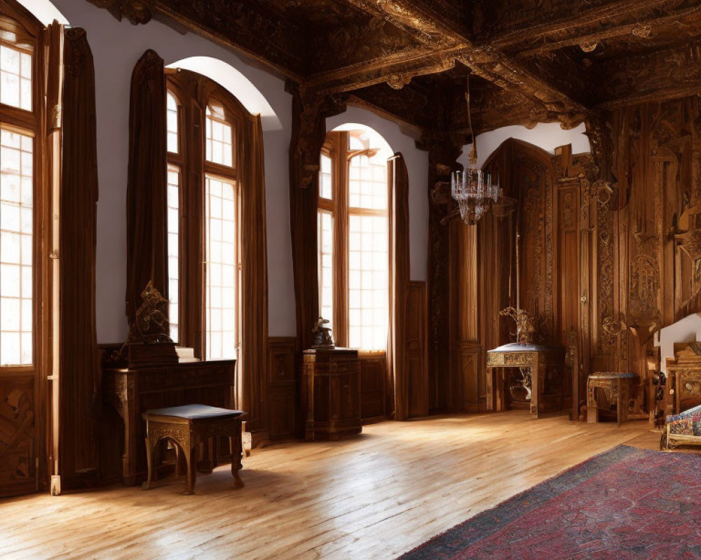 Luxurious Room with Wood-Paneled Walls, Chandelier, and Persian Rug