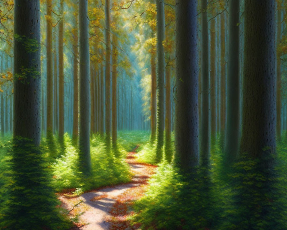 Sunlit forest path with tall trees and fallen leaves.