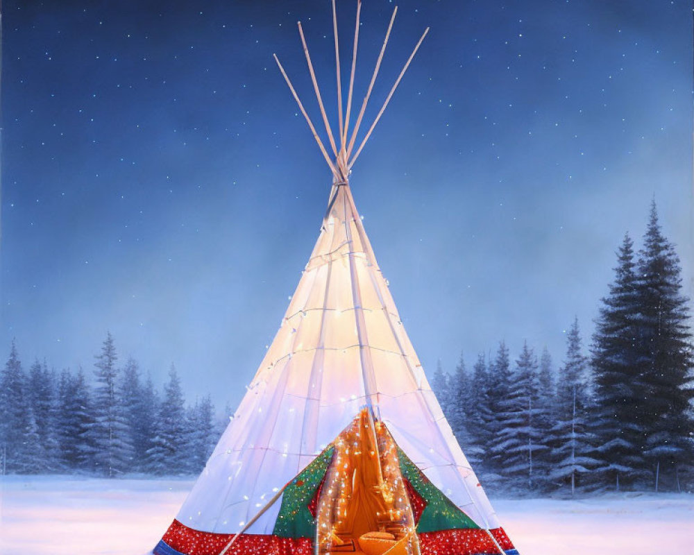 Traditional illuminated teepee in snowy night landscape