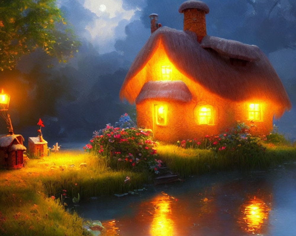 Thatched-Roof Cottage by Pond at Twilight with Vibrant Flowers