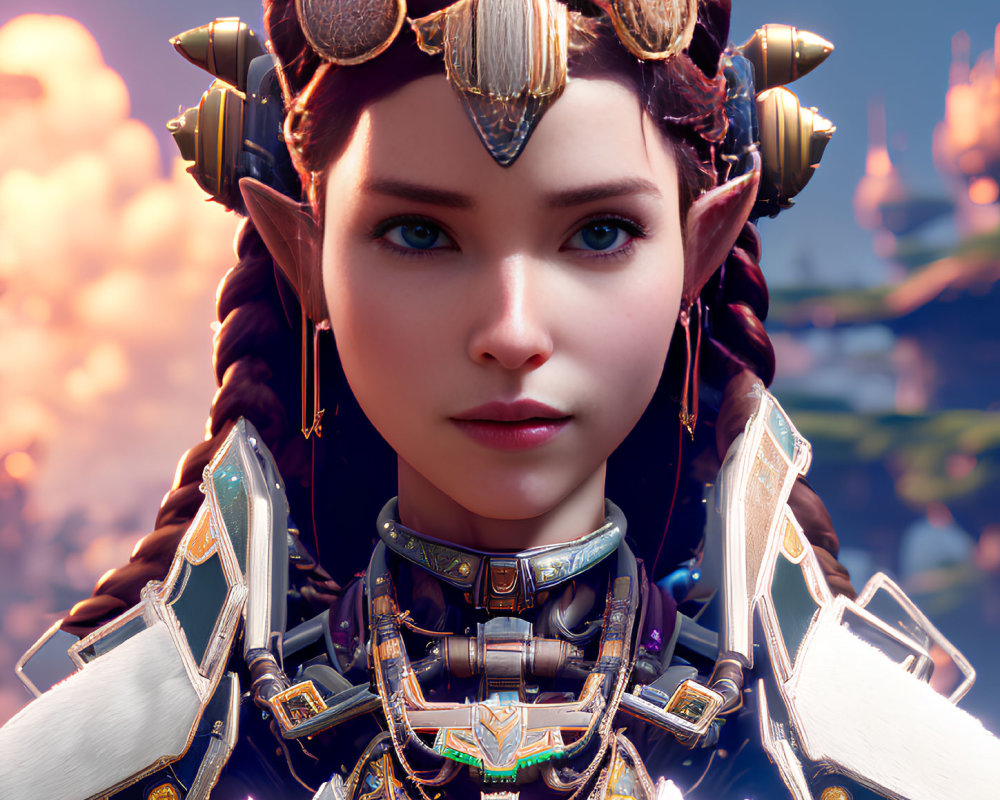 Fantasy female character portrait with elf-like ears, detailed armor, and ornate headdress against cloudy