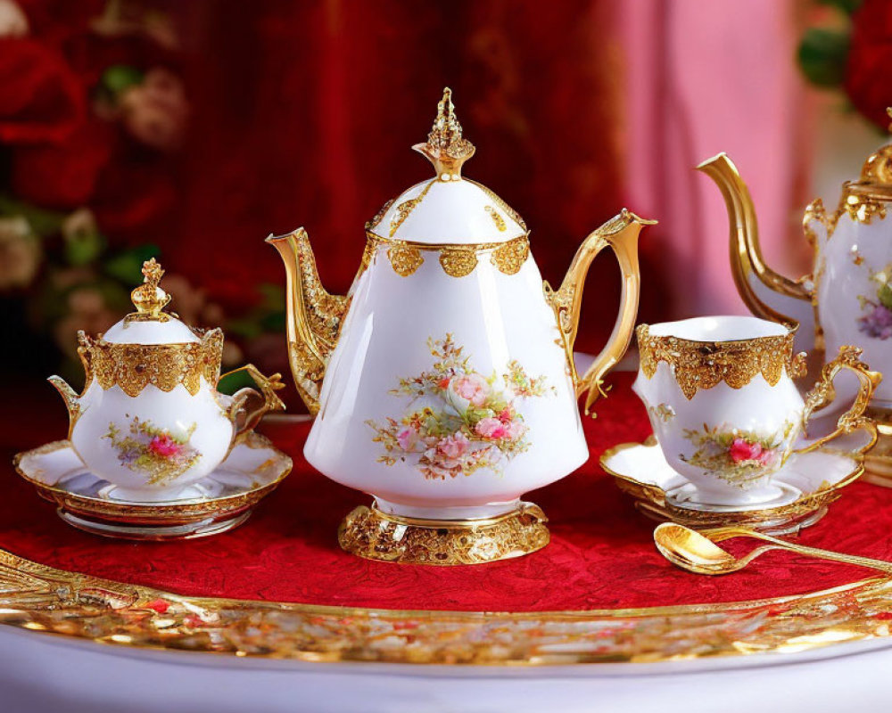 Porcelain Tea Set with Gold Trim and Floral Design on Red Cloth