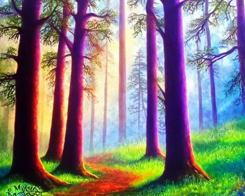 Colorful forest painting with tall trees, winding path, and sunlight.