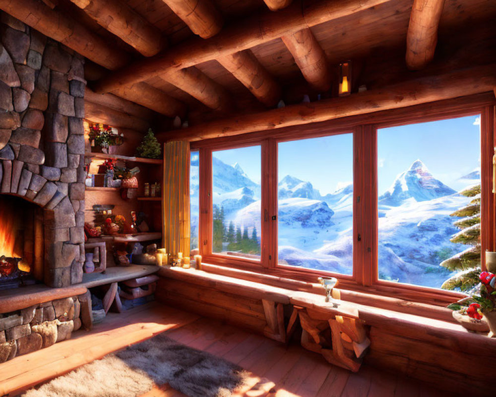 Rustic wooden cabin interior with fireplace, snowy mountain view, and sunny skies