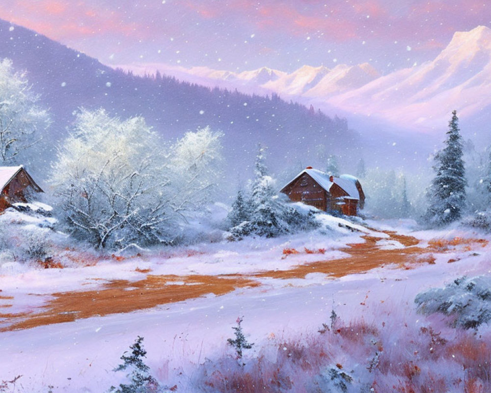 Snowy landscape with cabins, frost-covered trees, and mountains in soft glow