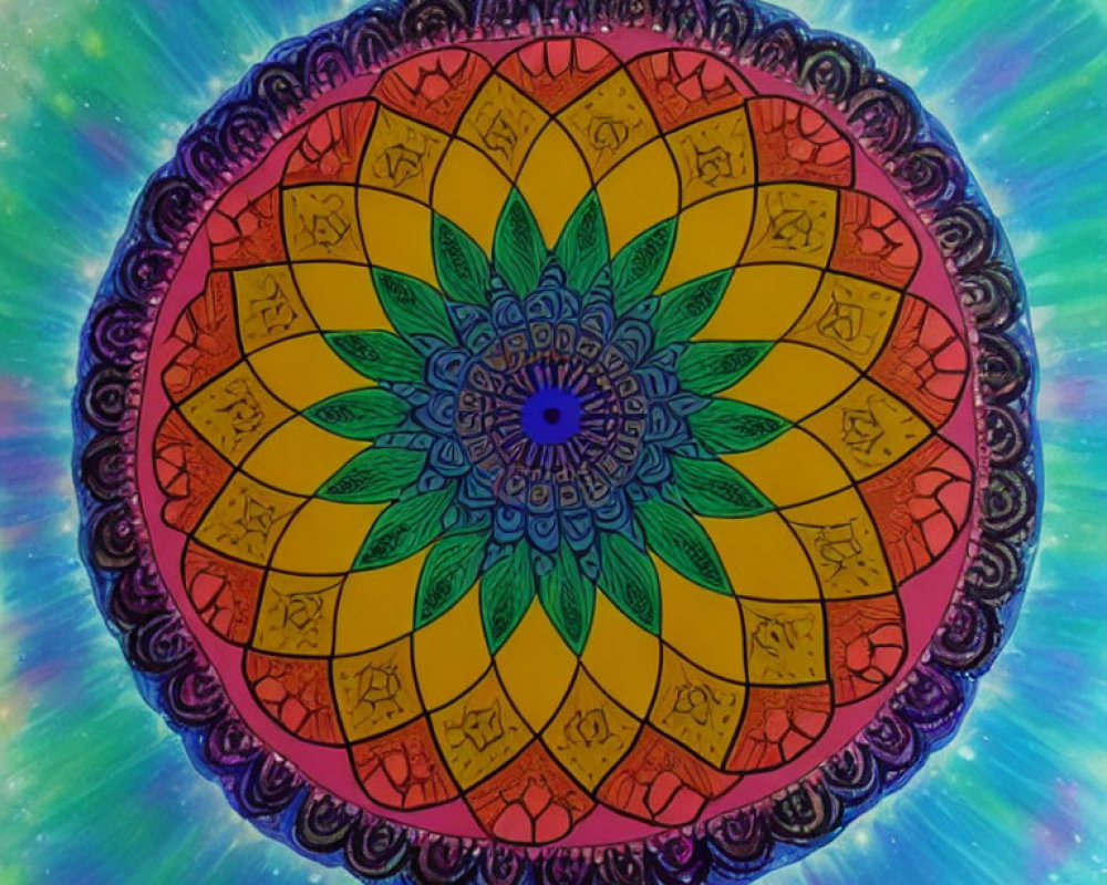 Colorful Mandala Design in Yellow, Red, and Green on Cosmic Starburst Background