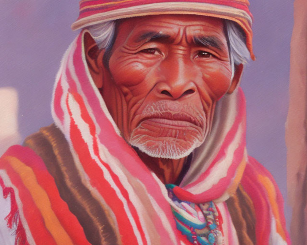 Elderly person in colorful attire with weathered face and pensive look