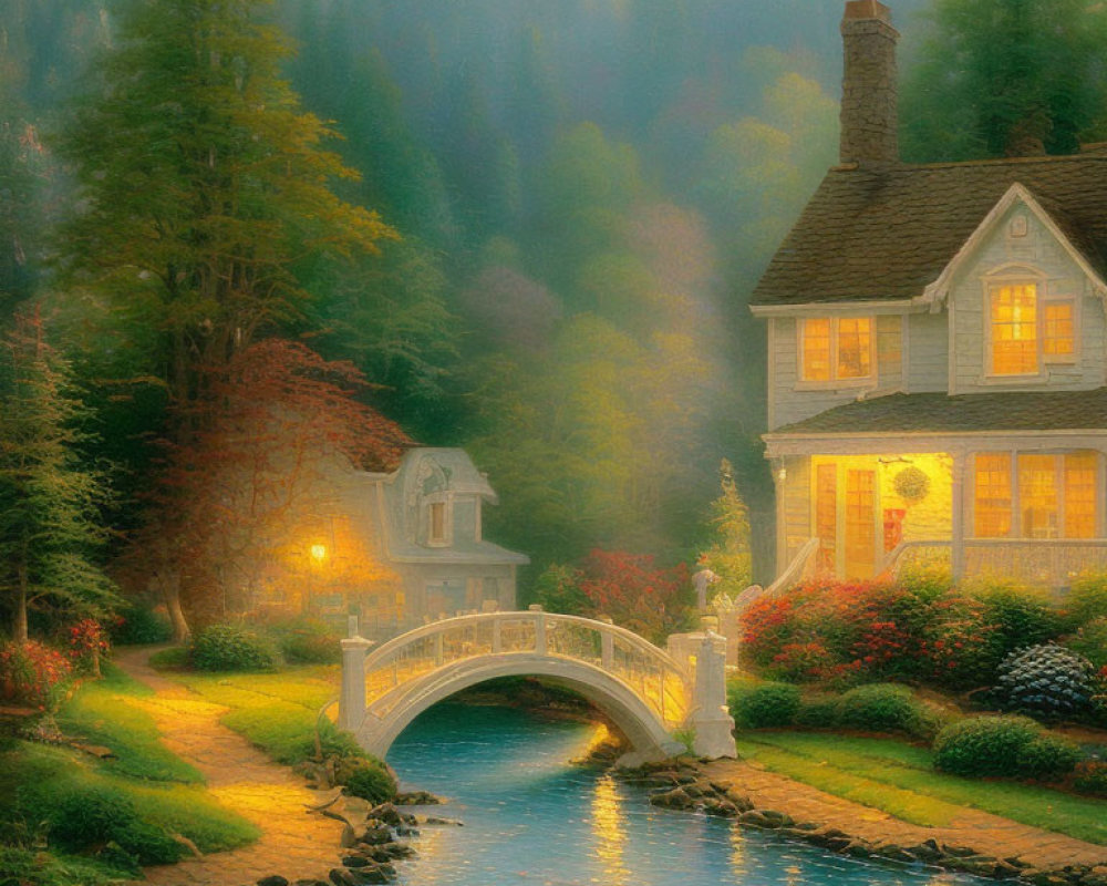 Enchanted forest scene: idyllic cottage by stream with stone bridge