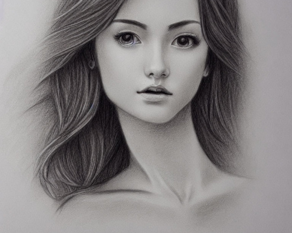 Detailed pencil drawing of serene young woman with flowing hair