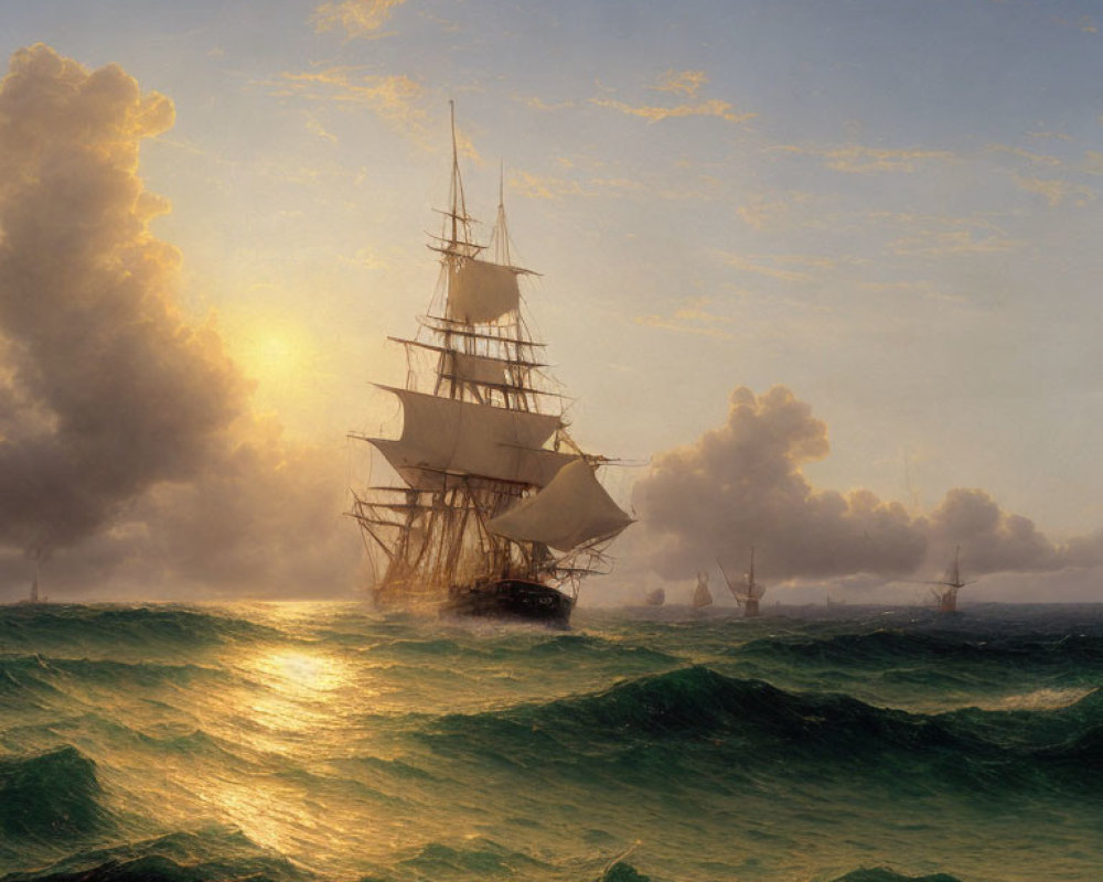 Sailing ship in turbulent green seas at sunset