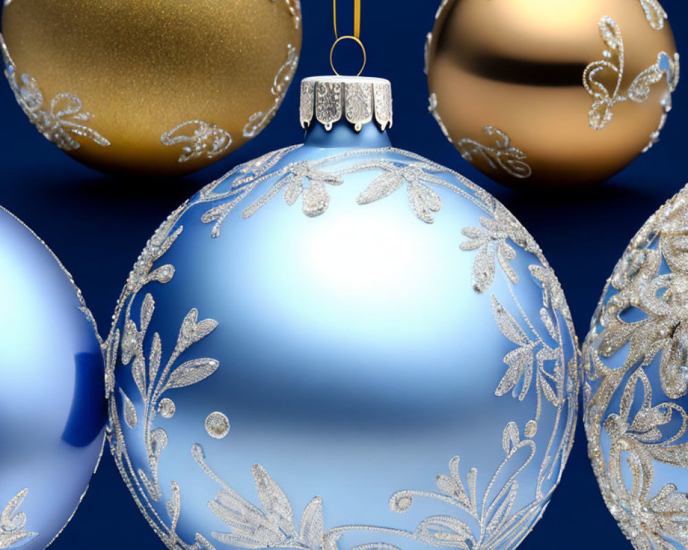 Intricate Gold Pattern Christmas Balls on Blue Background