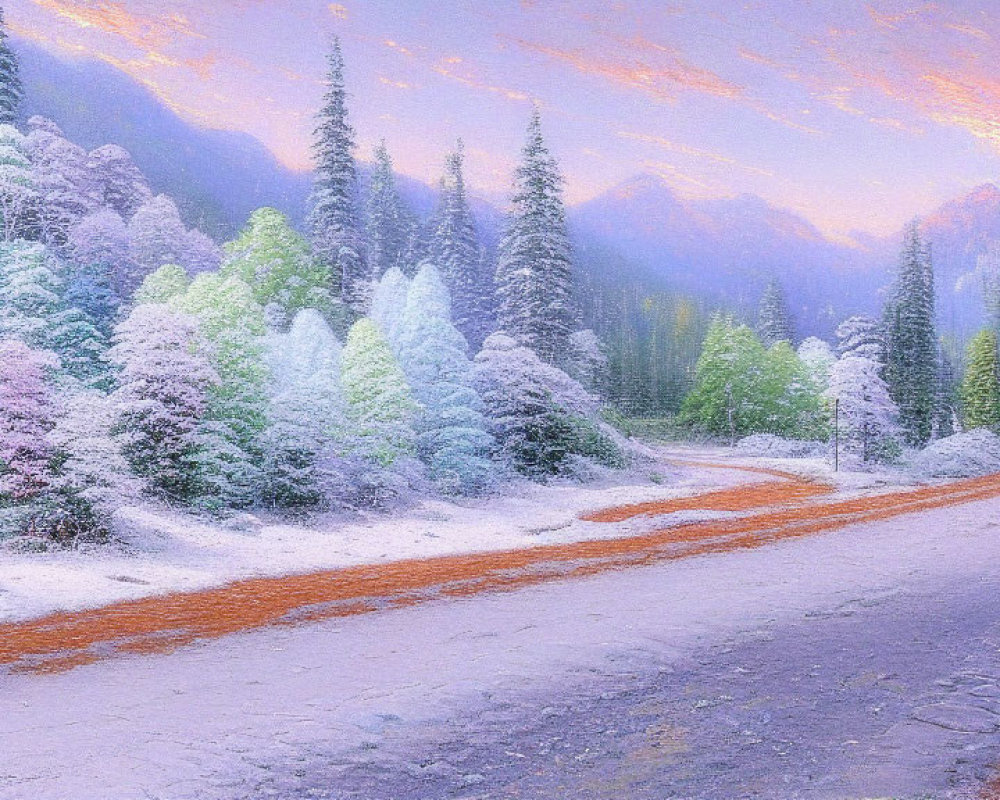 Snowy forest path at twilight with colorful skies and road sign