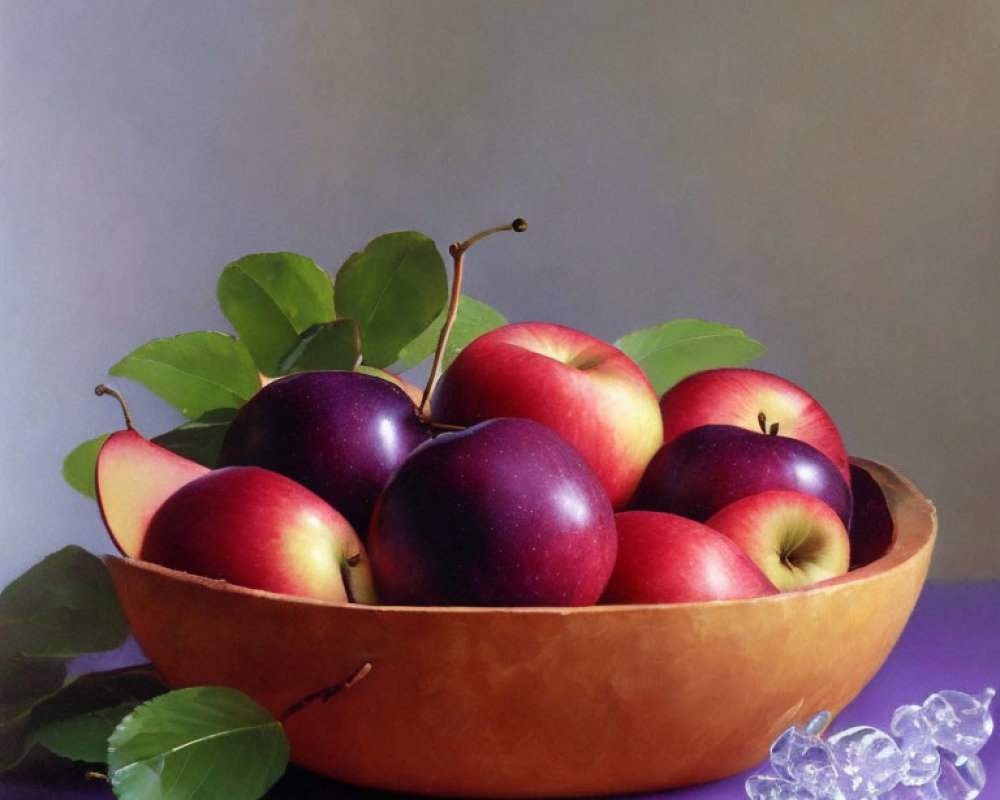 Still Life Painting: Wooden Bowl with Red and Yellow Apples, Green Leaves, Glass Beads on