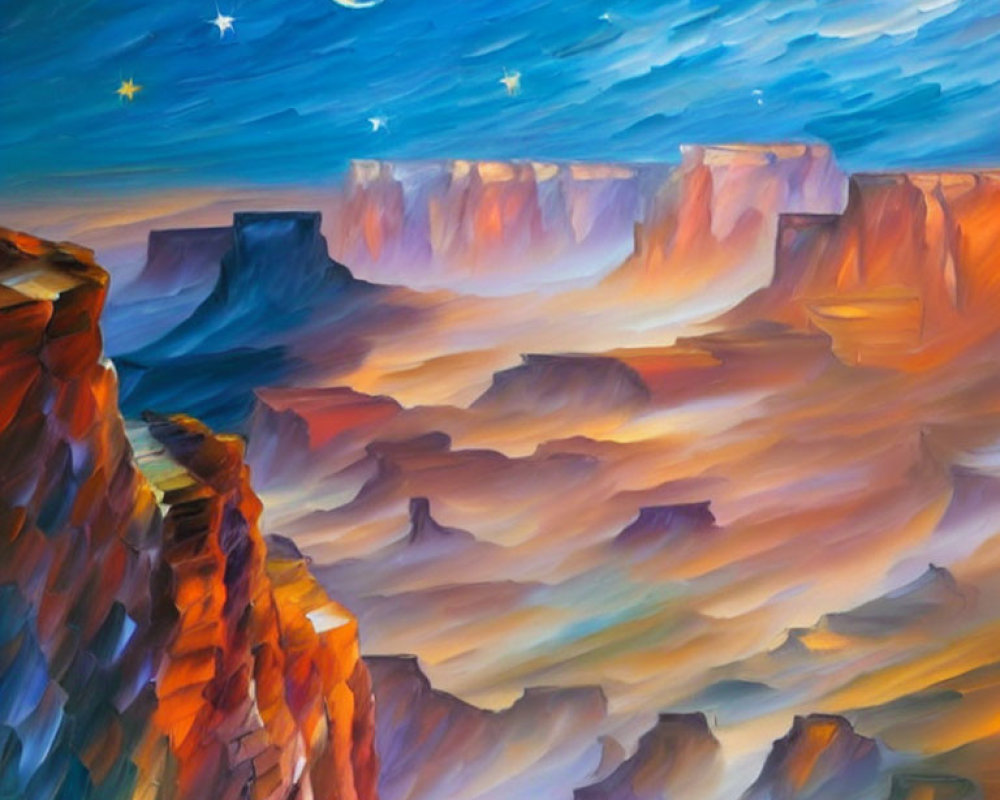 Vibrant painting of canyon under starry night sky with crescent moon