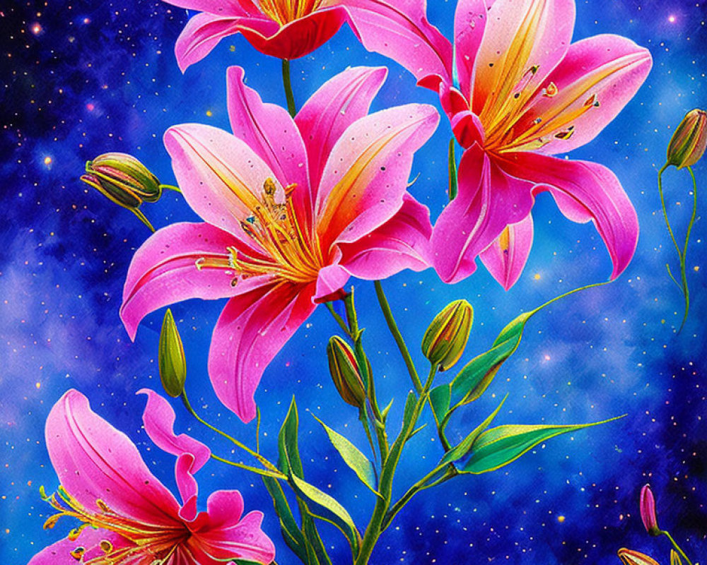 Pink lilies with prominent stamens on starry night sky.