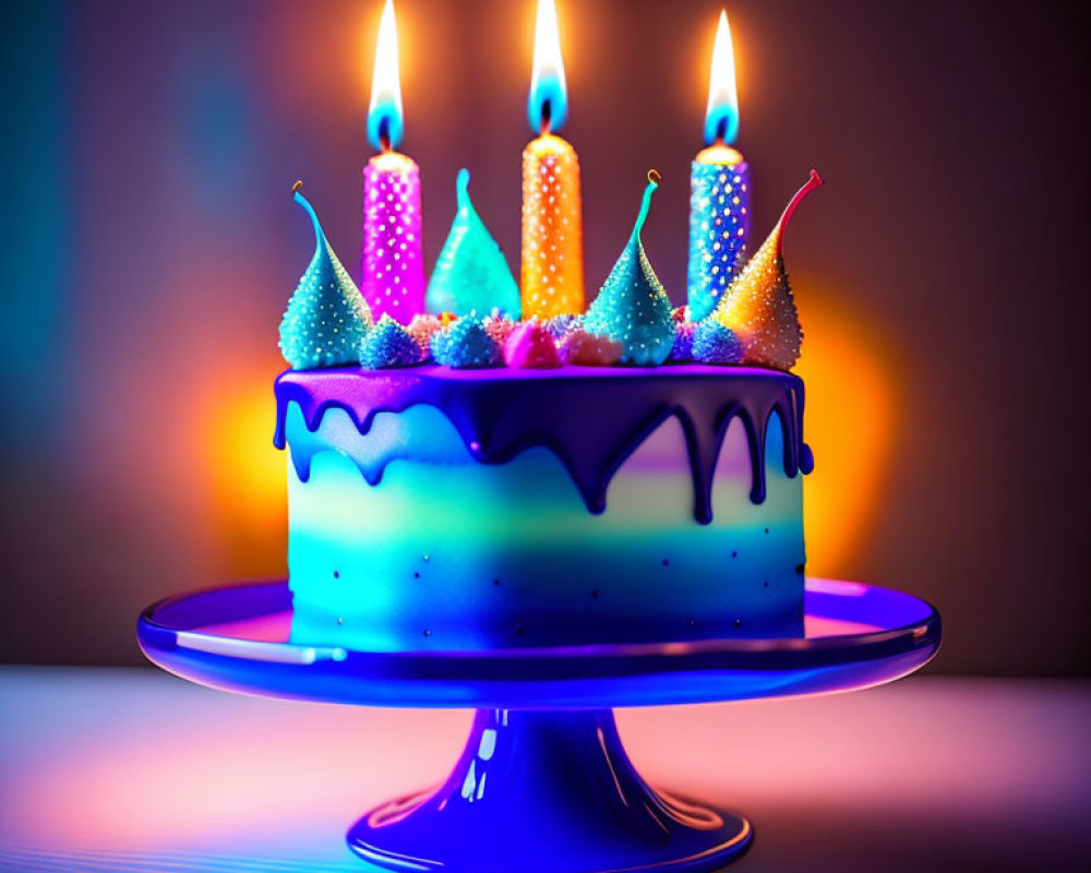 Colorful Birthday Cake with Candles and Party Hats on Blue Stand