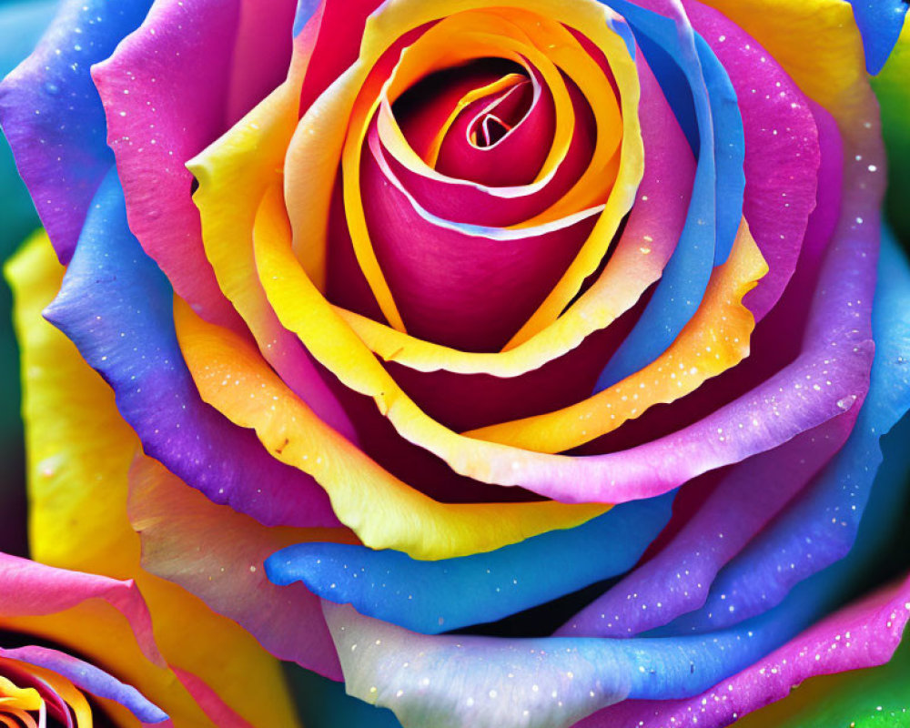 Vibrantly colored rainbow rose with pink, yellow, blue, and purple petals.