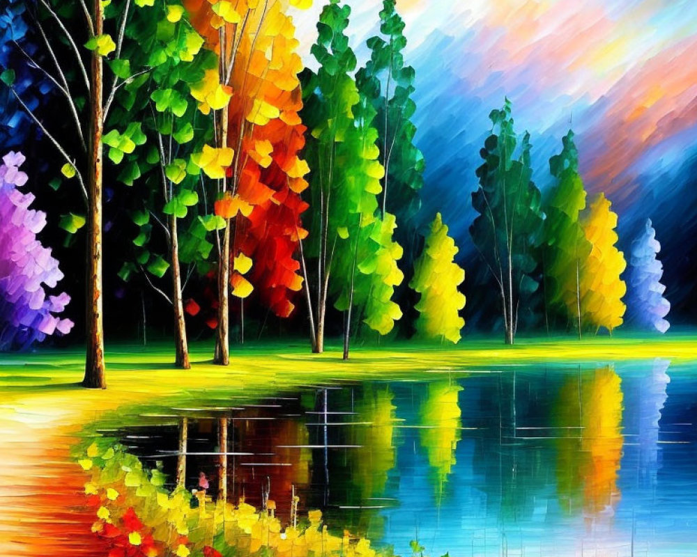 Colorful Painting of Trees Reflecting in Lake at Sunset