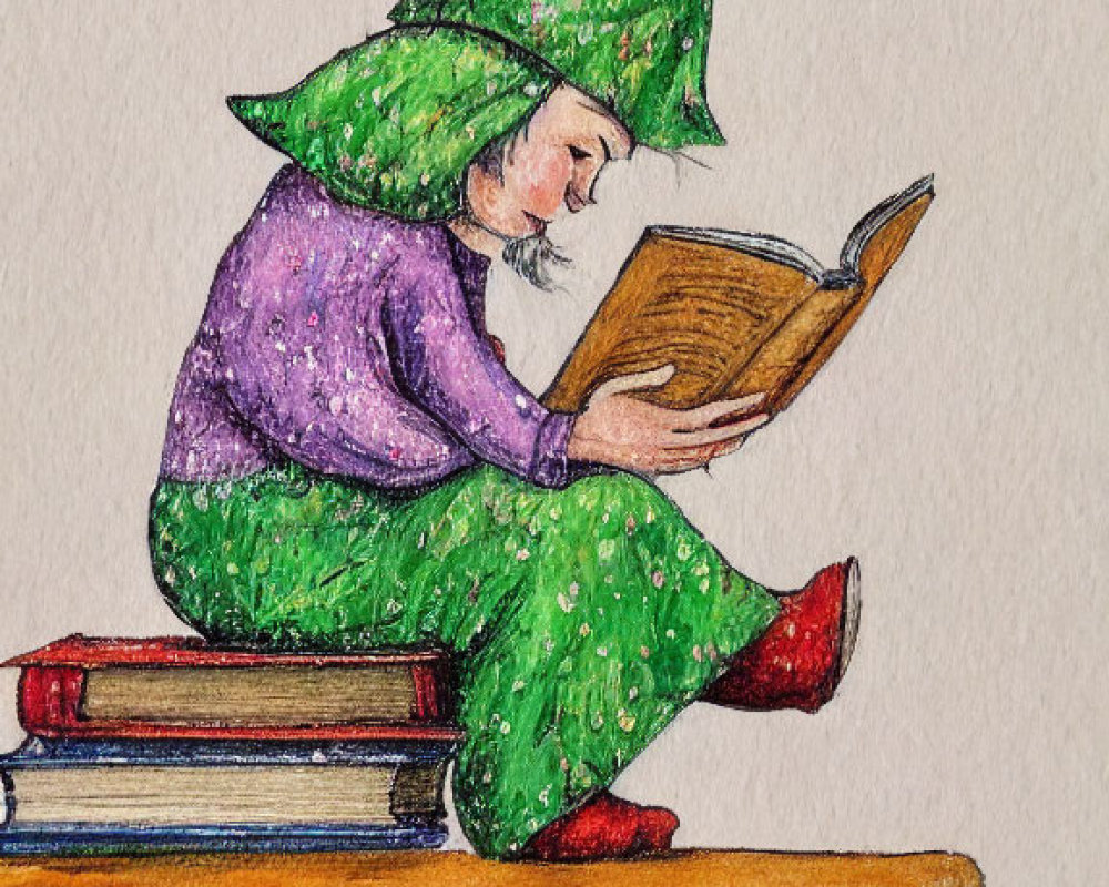 Whimsical gnome in green outfit reading on books