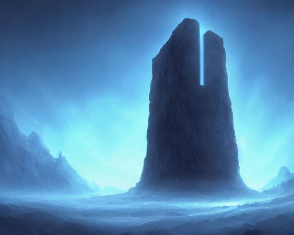 Monolithic tower in foggy landscape with glowing crack