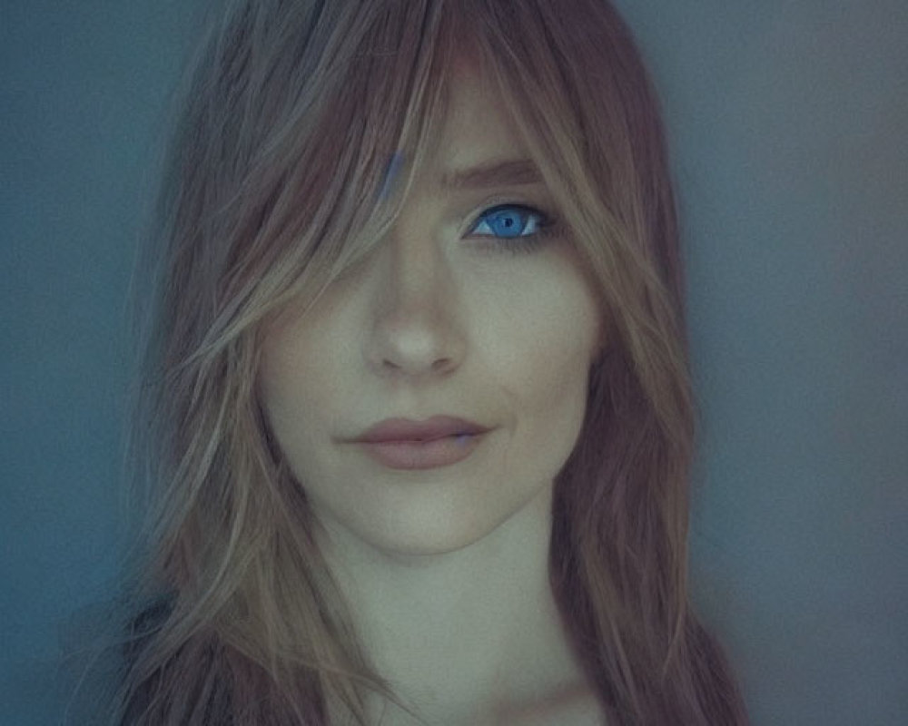 Portrait of person with blue eyes, brown hair, subtle smile, on blue background