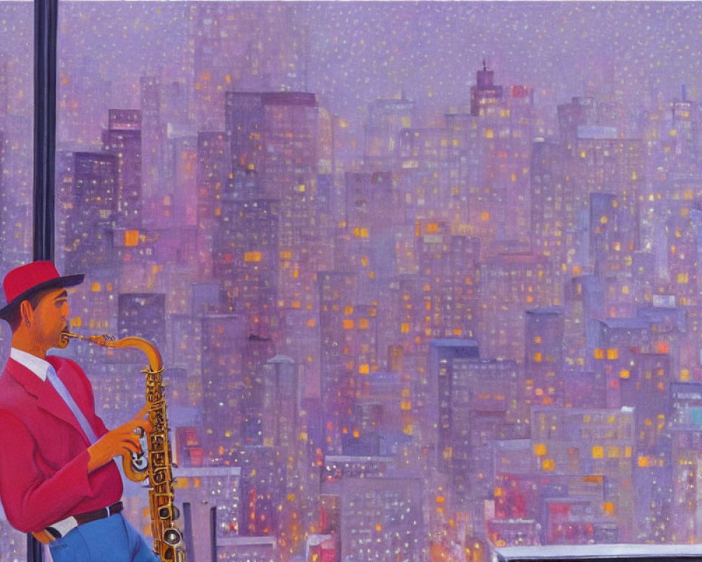 Saxophonist playing with urban skyline view at twilight