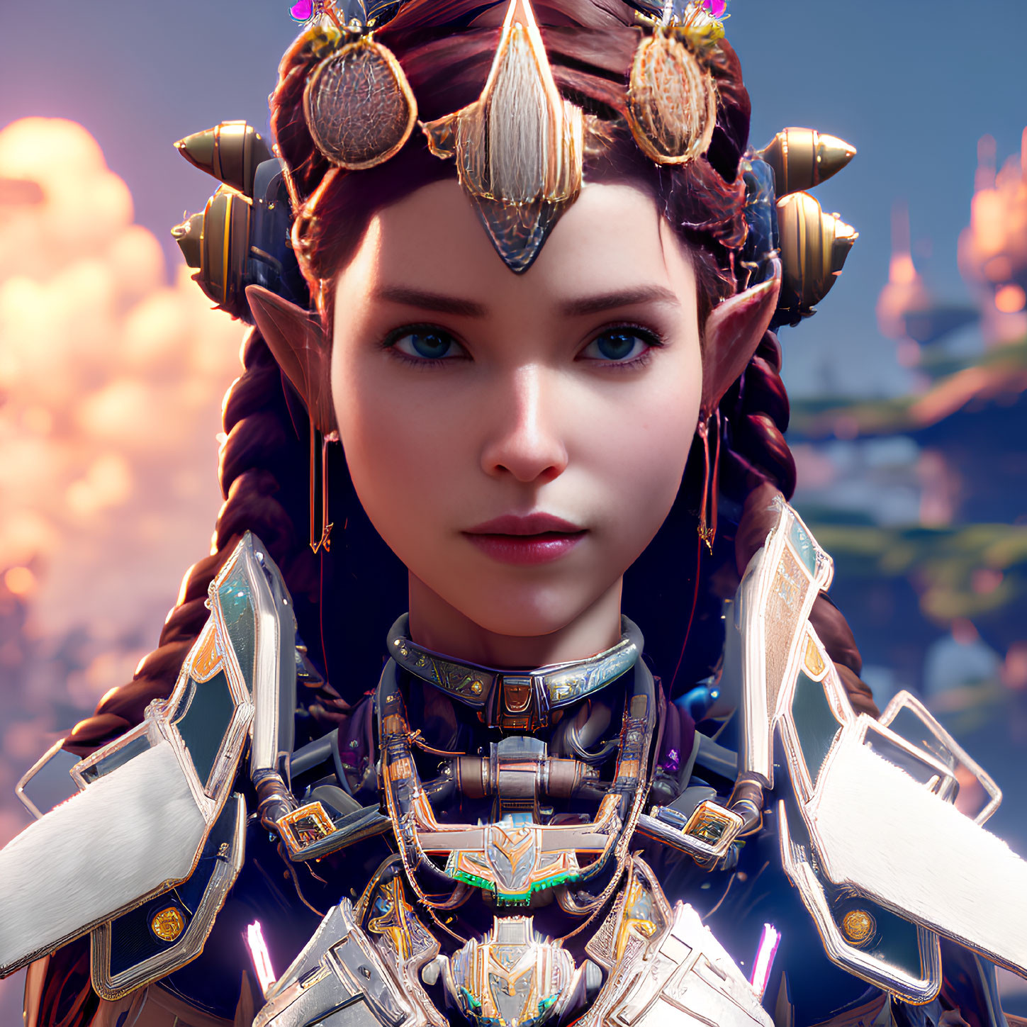 Fantasy female character portrait with elf-like ears, detailed armor, and ornate headdress against cloudy