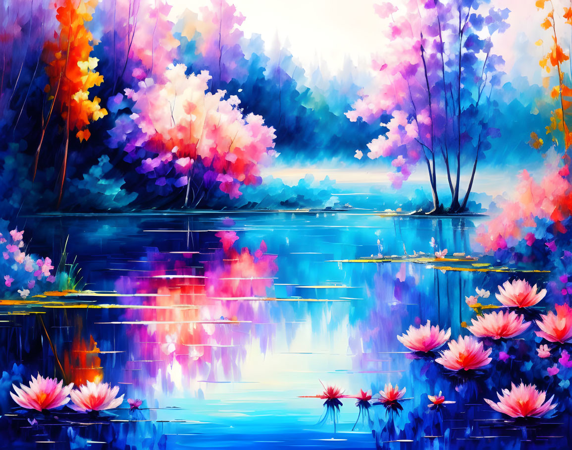 Serene lake painting with blossoming trees and water lilies