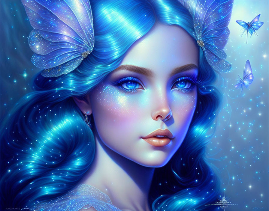 Fantasy portrait of woman with blue wavy hair and butterfly wings surrounded by shining butterflies on starry