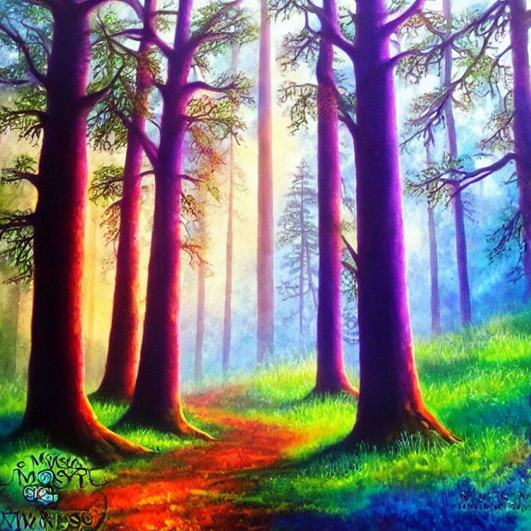 Colorful forest painting with tall trees, winding path, and sunlight.