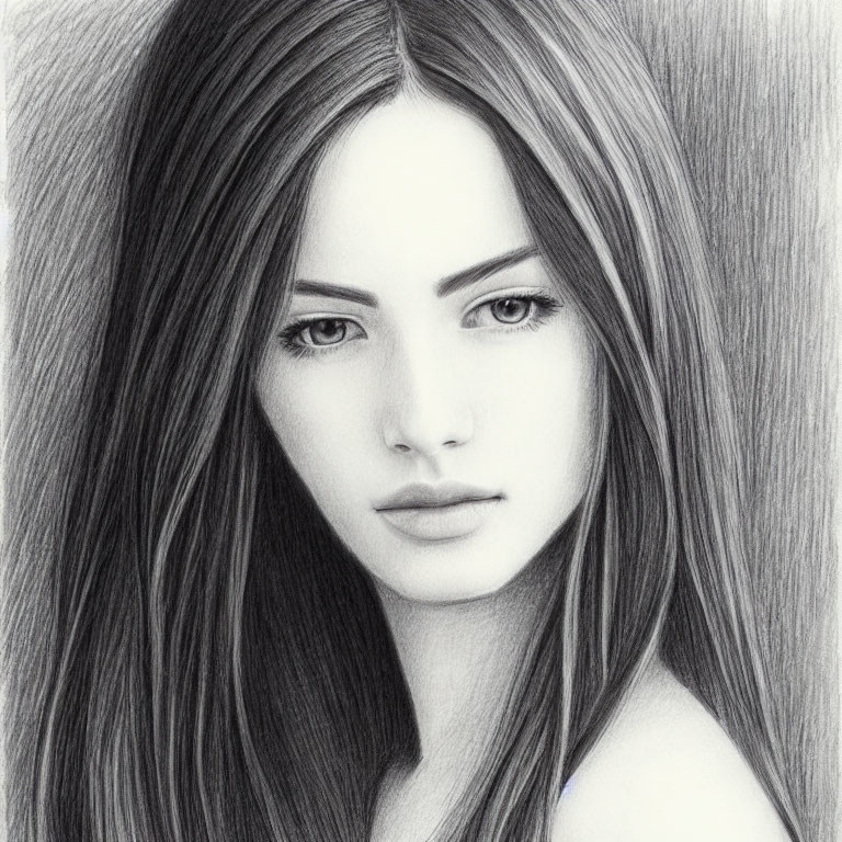 Detailed pencil sketch of a woman with long hair and intense gaze