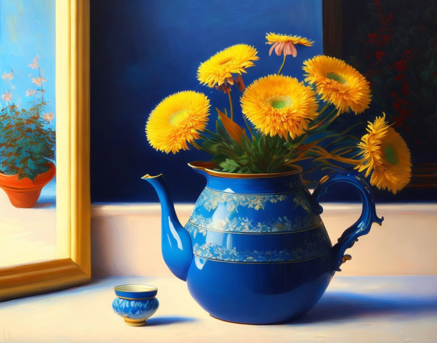 Colorful painting of blue teapot, yellow flowers, cup, window, trees, clear sky.