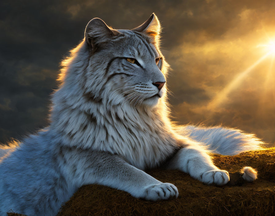 Large white cat with mane resting on grassy hill at sunset