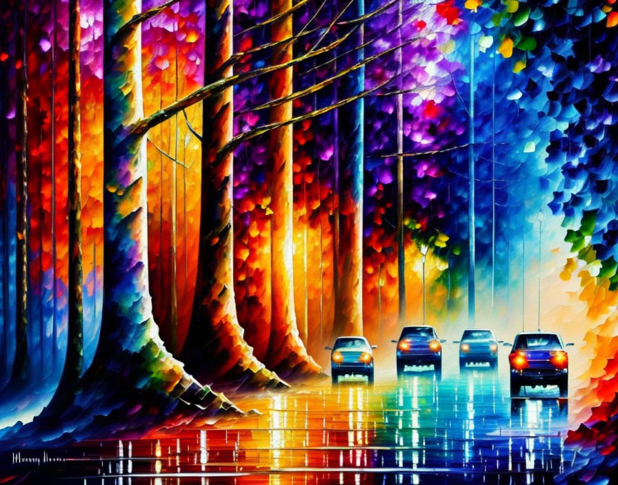 Colorful watercolor painting of cars on wet road in vibrant forest