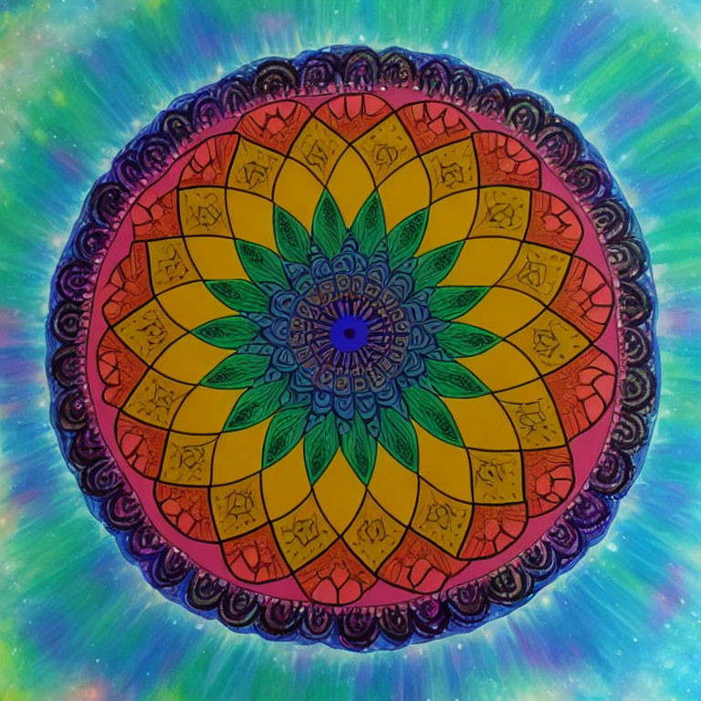 Colorful Mandala Design in Yellow, Red, and Green on Cosmic Starburst Background