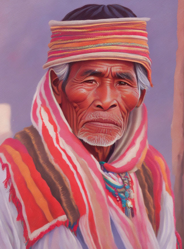 Elderly person in colorful attire with weathered face and pensive look