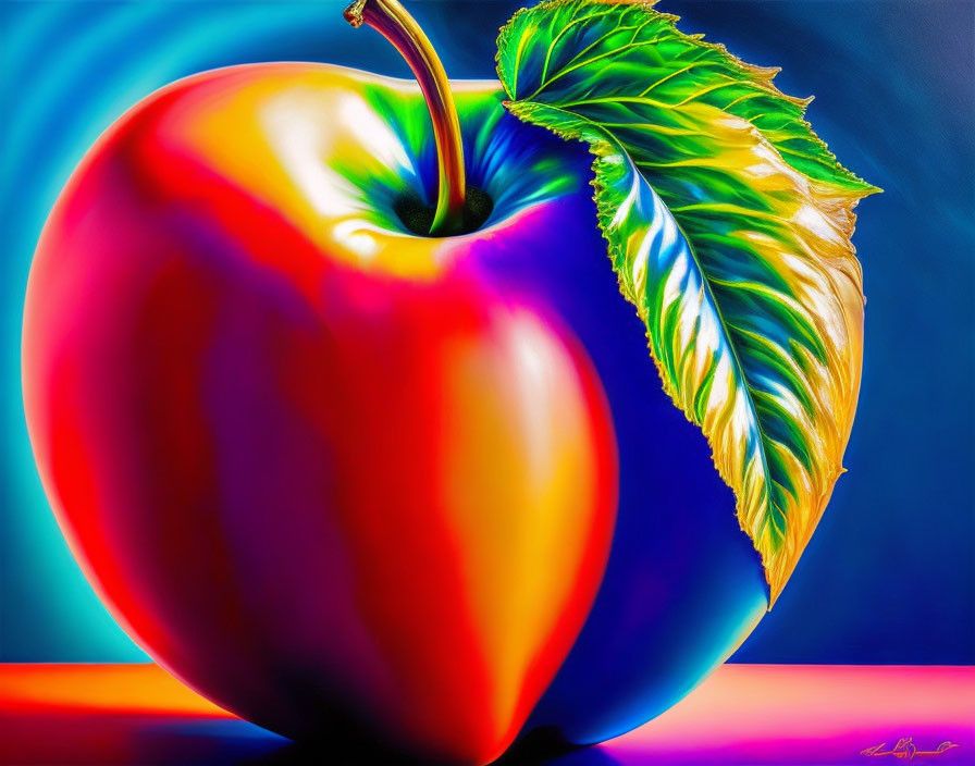 Colorful Gradient Apple Illustration with Glossy Surface and Neon Background