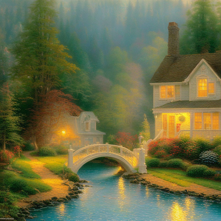 Enchanted forest scene: idyllic cottage by stream with stone bridge