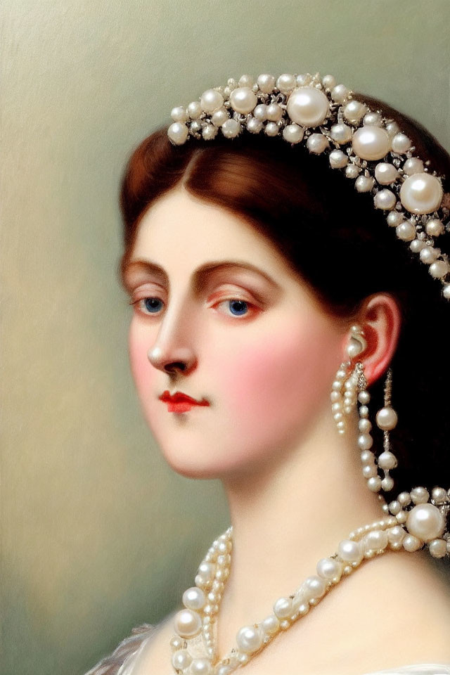 Portrait of Woman with Pearl Jewelry: Tiara, Necklace, Earrings