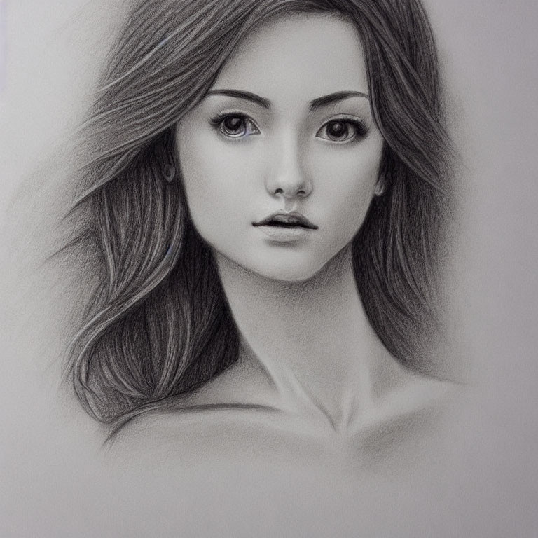 Detailed pencil drawing of serene young woman with flowing hair