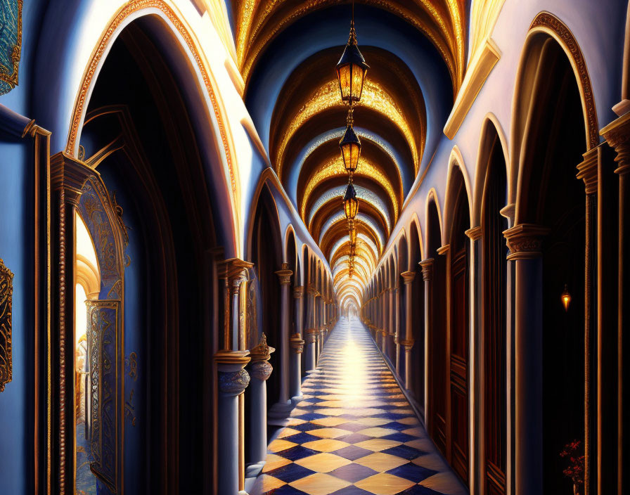 Luxurious corridor with arched doorways, checkered floor, blue and gold walls, and hanging