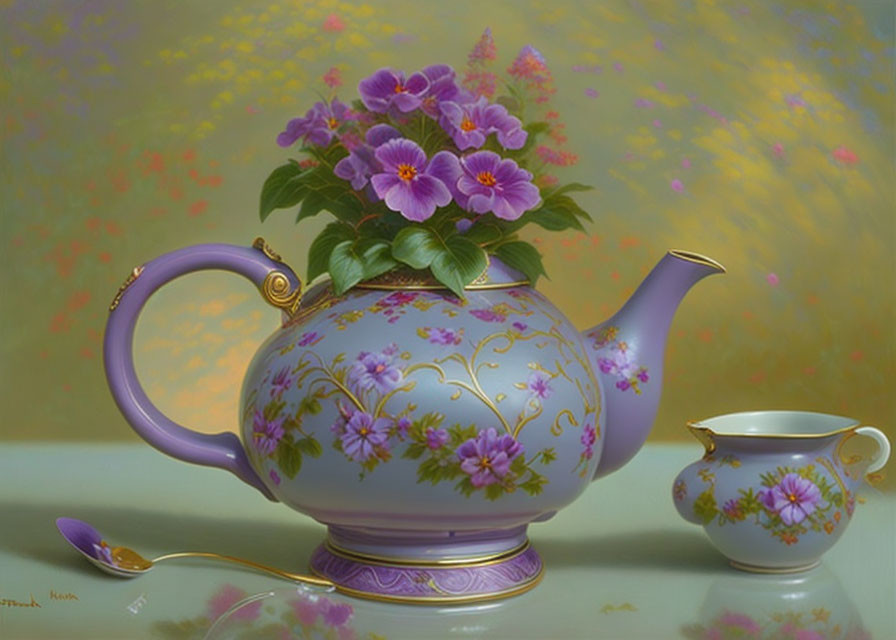 Purple teapot, cup, and spoon on reflective surface with pastel background